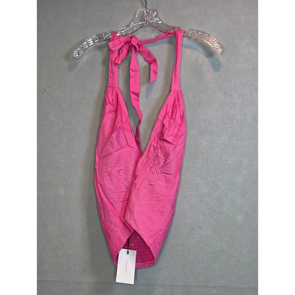 o.p.t One Pretty Time Pink Cotton Smocked Halter Top Deep V-Neck Small NWT